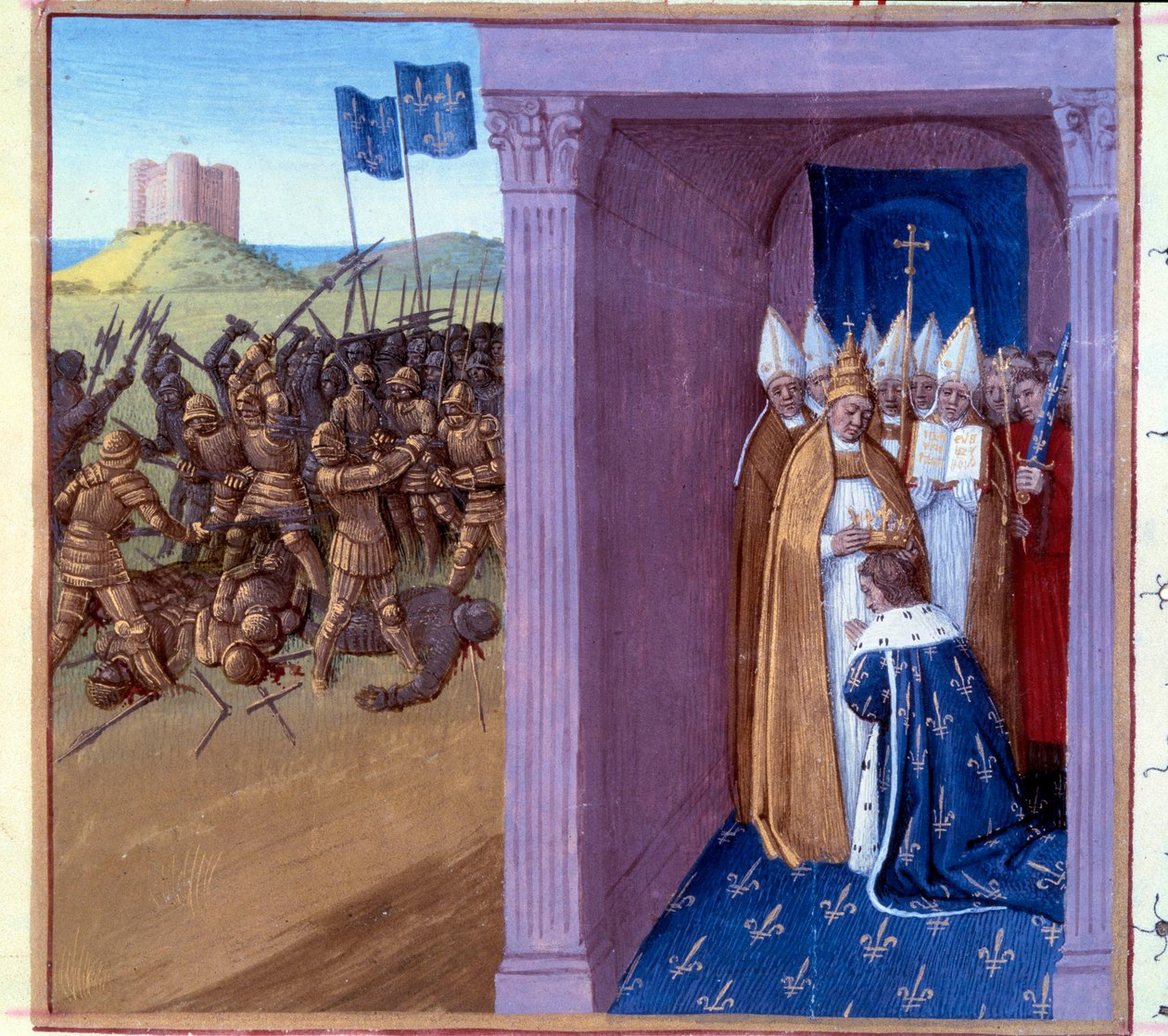 Nederlag för Griffon (scen från vänster): Fight av Pepin the Brief (714-768) och hans bror griffon. Rings of Pepin the Brief till Laon 754. Miniatyr i "" Grandes chroniques de France"" (Folio 76) upplyst av Jean Fouquet (1400-talet) 1493. Paris. B N av Jean Fouquet