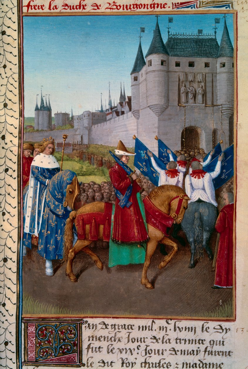 Inträde i Paris av Karl V (1338-1380) föregås av Robert de Fiennes (1308 - 1385) av Jean Fouquet
