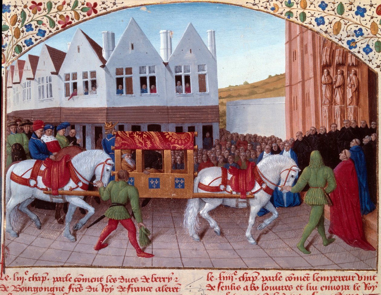 Entré av Karl IV (1316-1378) tysk kejsare 1378 i Saint-Denis. Miniatyr från "" Grandes Chronicles de France"" (Folio 442). Enlumine av Jean Fouquet (1400-talet) av Jean Fouquet