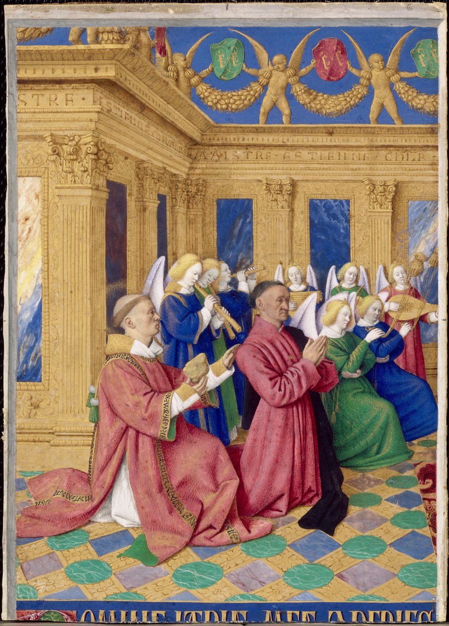 Étienne Chevalier och hans skyddshelgon Saint Étienne, miniatyr från Étienne Chevaliers timmar av Jean Fouquet