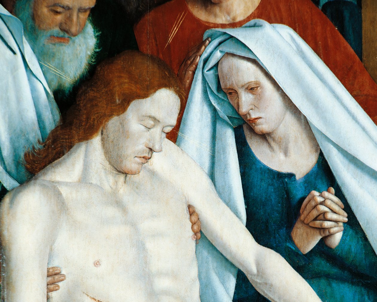 Frankrike, Nouans-les-Fontaines, St Martins kyrka, Jungfrun och Kristus, detalj från Pieta av Jean Fouquet