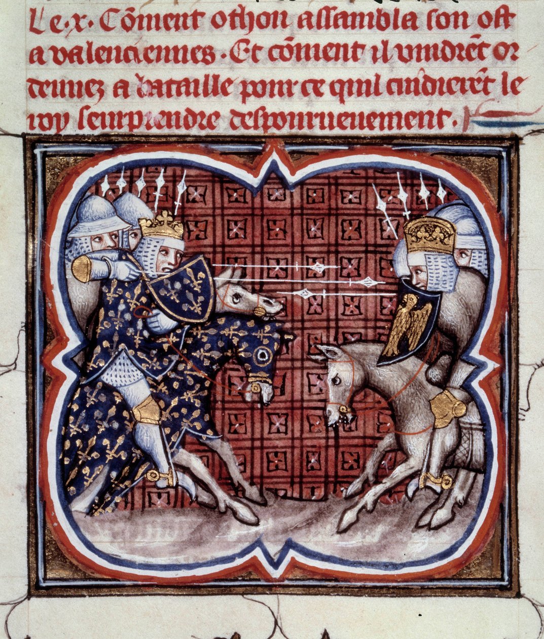 Fransk-engelska kriget (1202-1214): Slaget vid Bouvines den 27/07/1214 mellan den franska armén Philippe Auguste och flamländarna och Welfs av Othon IV. Den franska segern var avgörande för krigets utgång. Miniatyr från "Great Chronicles of France" b av Jean Fouquet