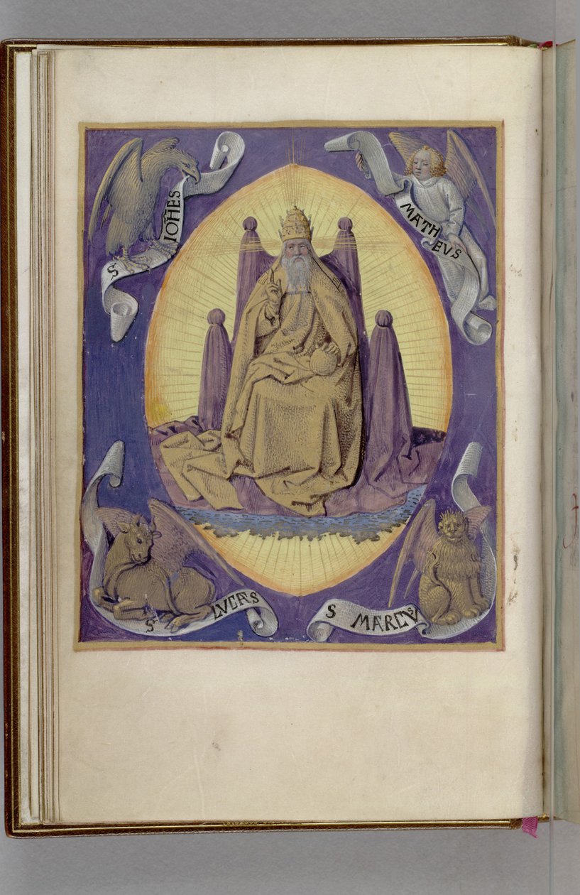Gud Fadern med symboler för de fyra evangelisterna i hörnen. Timmens bok, 1450-1499 av Jean Fouquet