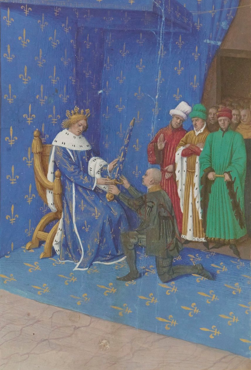 Jean Fouquet - Överlämnande av det konnetabla svärdet till Bertrand Duguesclin - Illumination (1400-tal) av Jean Fouquet