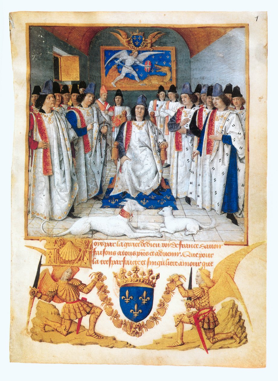 Kung Ludvig XI leder ett kapitelsammanträde för ... (illuminerad handskrift) av Jean Fouquet