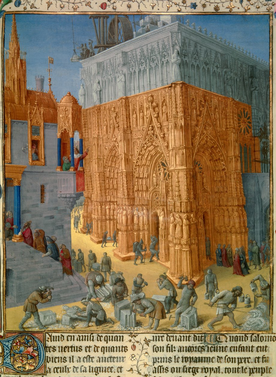 Kung Salomos byggande av templet i Jerusalem Kungen deltar i bygget från balkongen till sitt palats. Miniatyr från manuskriptet "The Judaic Antiquities"" av Josephus Flavius (Giuseppe Flavio, Flavius Josephe) (37-100) illustrerad av Jea av Jean Fouquet