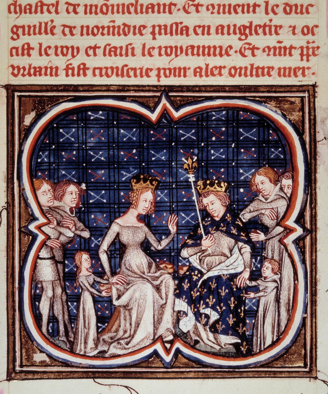 Kung av Frankrike Filip I (1052-1108) med sin hustru Berthe av Hollande och deras barn Constance av Frankrike (1078-1125) och Ludvig VI (1081-1137) Miniatyr från "" Les grandes chronicles de France"" (ms. fr) 2813 fol. 182) 1375-1380 Paris, B.N. av Jean Fouquet