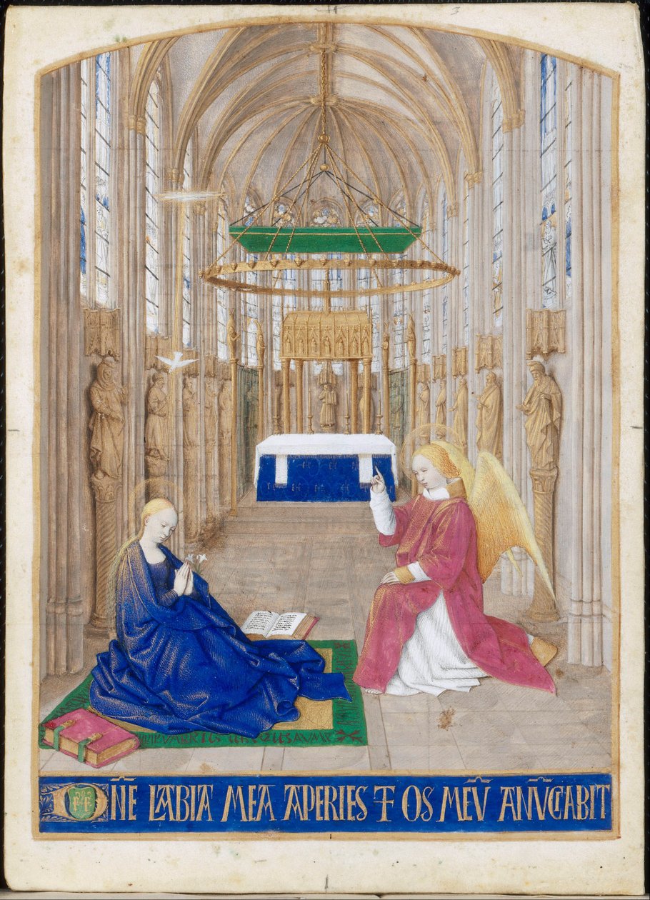 Bebådelsen, miniatyr från Étienne Chevaliers timmarsamling. Den Helige Andes ämbete, Matin av Jean Fouquet