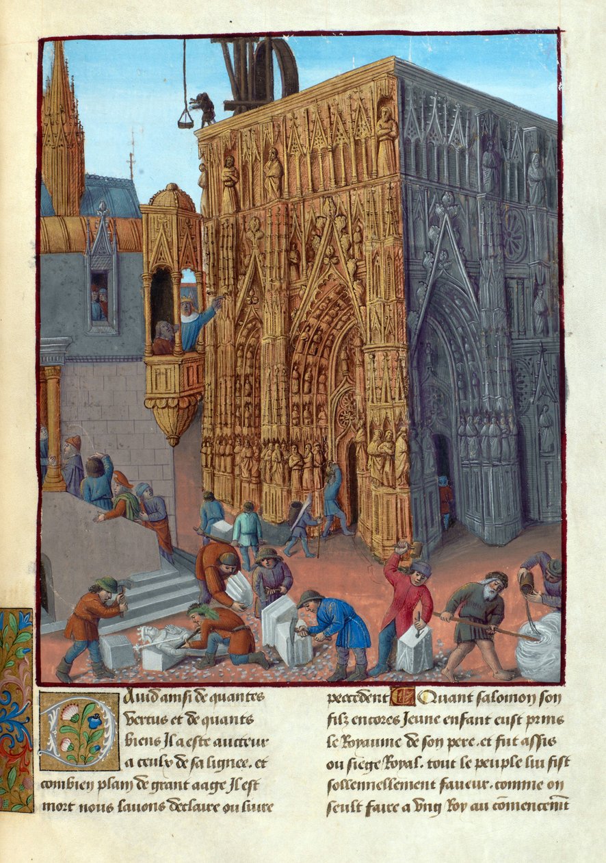La construction du temple de Salomon - Byggnaden av Salomos tempel. Illustration i Flavius Josephus ""Judarnas antikviteter"" (Antiquitatum Iudaicarum) av Fouquet, Jean (1420-1481). Gouache på pergament, sent 1400-tal, Bibliotheque Nationale av Jean Fouquet