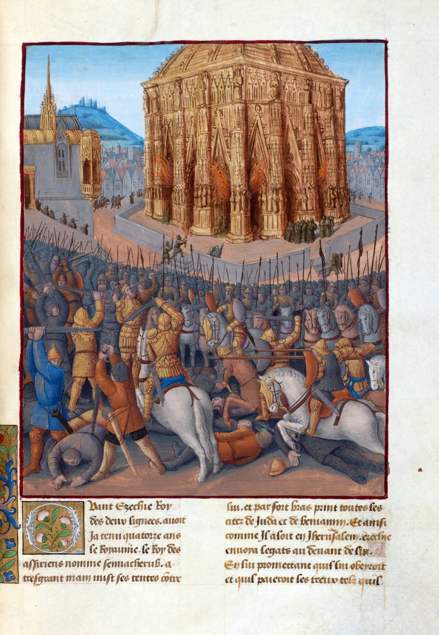Le siege de Jerusalem par le roi de Babylone Nebuchadnessar II (604-562 före JC) - Belägring av Jerusalem av Nebukadnessar II. Illustration i Flavius ​​​​Josephus "Judarnas antikviteter" (Antiquitatum Judaicarum) av Fouquet, Jean (1420-1481). Gouache på pa av Jean Fouquet