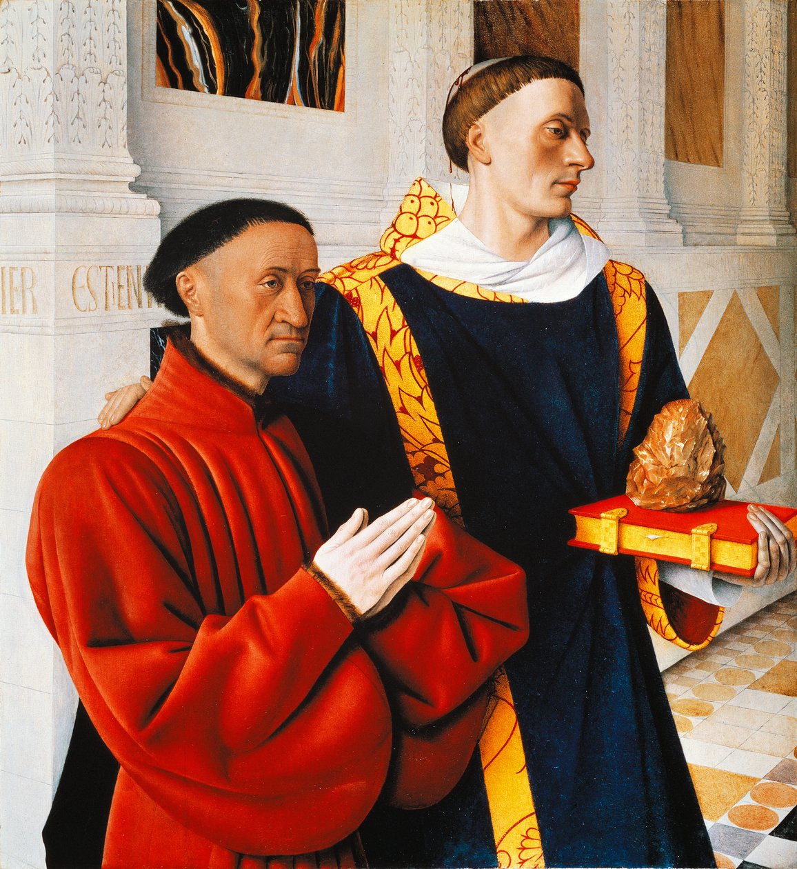 Vänster panel av Melun-diptyken: Etienne Chevalier med sitt skyddshelgon St Stephen av Jean Fouquet