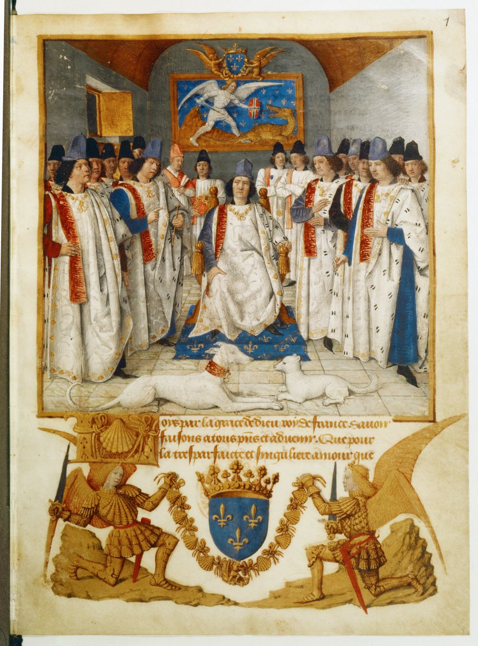 Ludvig XI leder ett möte med ordenssällskapet Saint Michel ... av Jean Fouquet