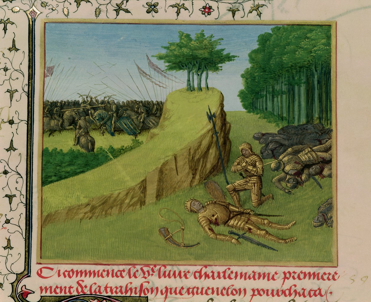 Fr 6465 f.113 Kejsaren Karl den Store hittar Rolands lik efter slaget vid Roncevaux, från 