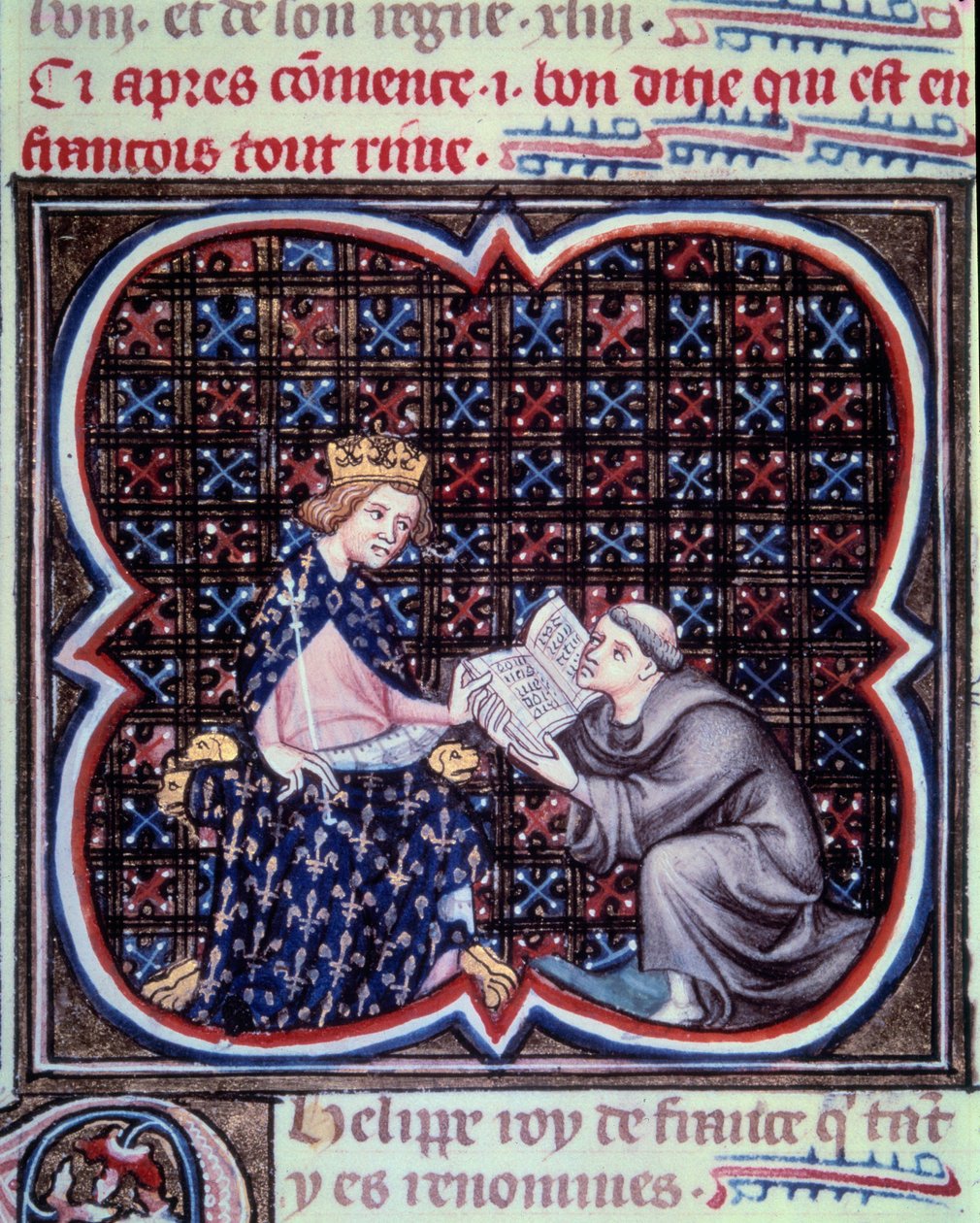 Primat presenterar texten i Frankrikes stora krönikor för Filip III (1245-1285). Miniatyr från manuskriptet av Jean Fouquet (1420 - 1481) "" Grandes Chronicles de France"". Paris. B N av Jean Fouquet