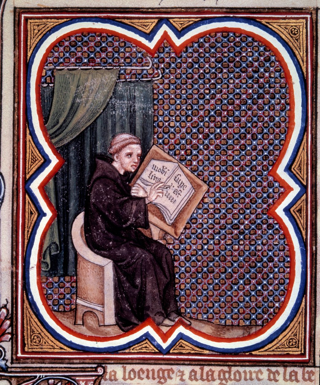 Primat skriver de stora krönikorna i Frankrike i klostret Saint Denis. Miniatyr från manuskriptet av Jean Fouquet (1420 - 1481) "" Grandes Chronicles de France"". Paris, B N av Jean Fouquet