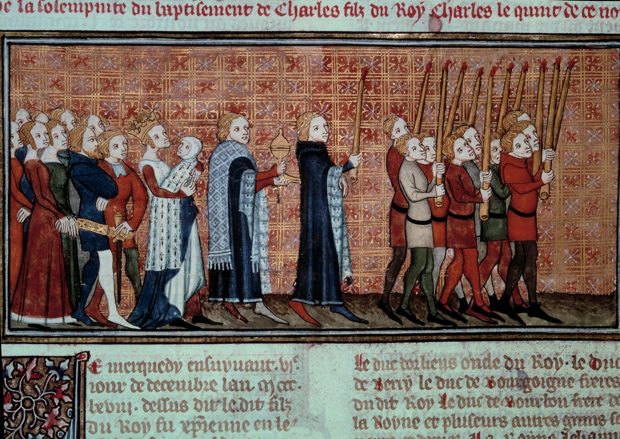 Procession med anledning av Karl VIs dop (1368-1422) buren av drottning Jeanne d
