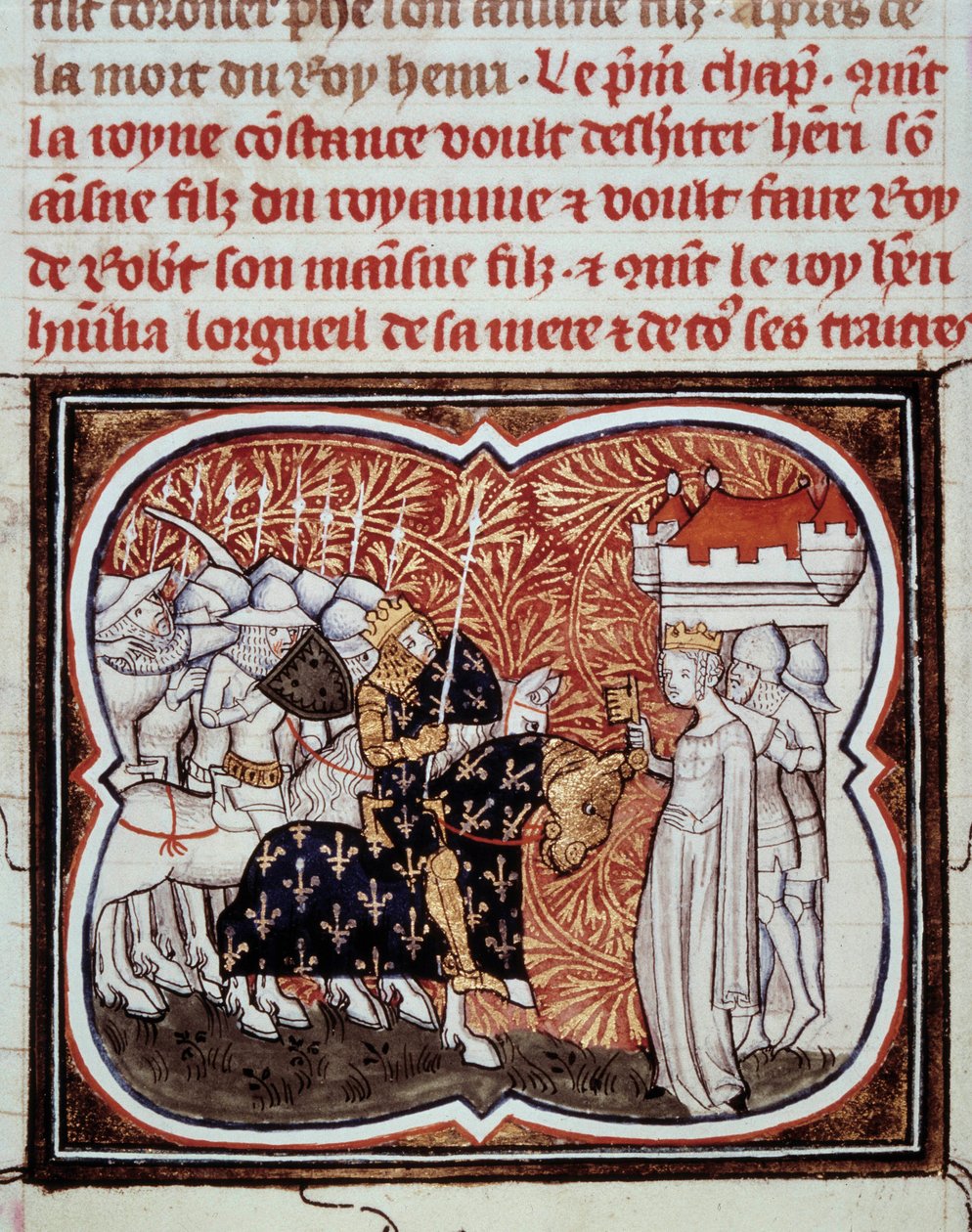 Drottning Constance av Arles (986-1032) överlämnar sig till sin son Henrik I, Frankrikes kung (1008-1060) Miniatyr från "Les grandes chronicles de France" av Jean Fouquet (1420-1481) 1400-talet Paris, B.N. av Jean Fouquet