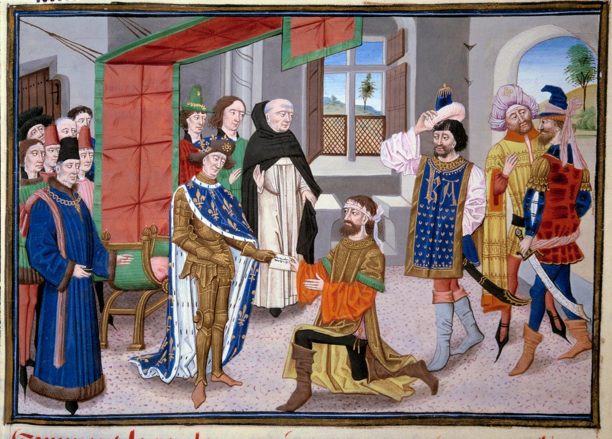 Sjunde korståget: Frankrikes kung Saint Louis (eller Ludvig IX) (1214-1270) i Nicosia på Cypern omkring 1245. Miniatyr från "Stora krönikorna" av Jean Fouquet (1420-1481). Paris, Arsenals bibliotek av Jean Fouquet