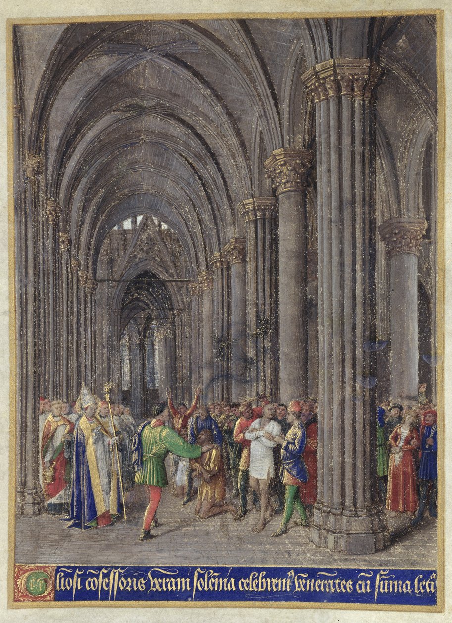 Sankt Veran som driver ut de besatta i norra gången i Notre-Dame de Paris-katedralen, från "Heures d