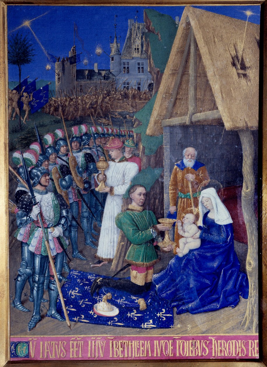 The Adoration of the Magi Miniature hentet fra "The Book of Hours of Etienne Chevalier" af Jean Fouquet (1420-1477/1481) swed av Jean Fouquet