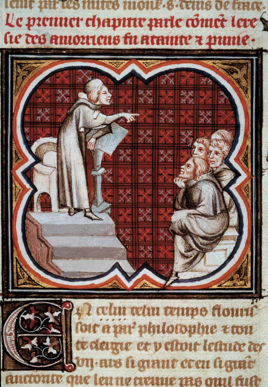 Den franske filosofen och teologen Amaury de Chartres (eller Amaury de Bene eller Amalricus de Bene) (död 1209) framför sina lärjungar (amaurikerna). Miniatyr från Les Grandes Chronicles de France”” upplyst av Jean Fouquet (1420-1481) av Jean Fouquet