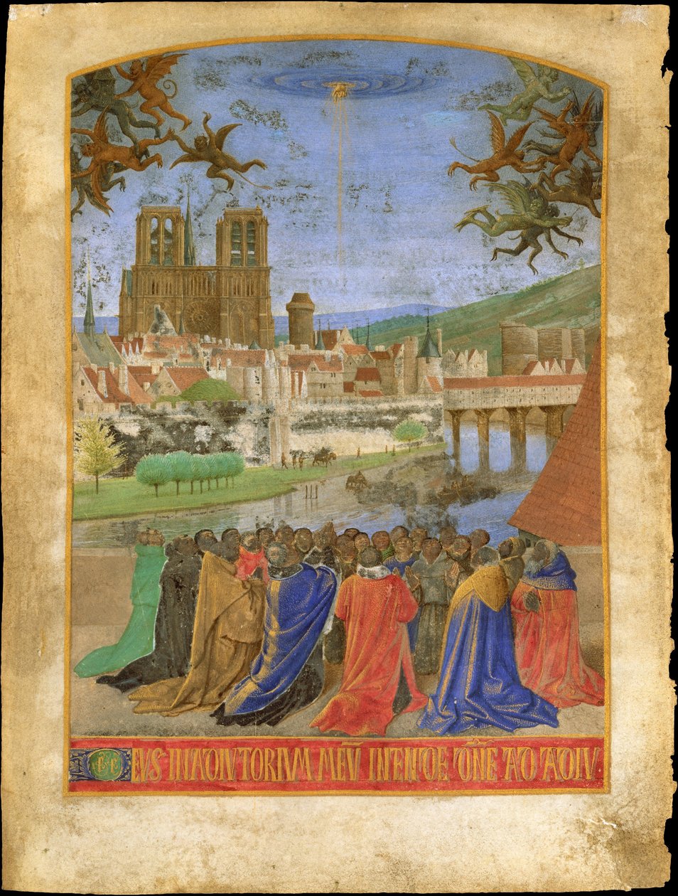 Guds högra hand som skyddar de troende mot demonerna, ca. 1452-1460. av Jean Fouquet
