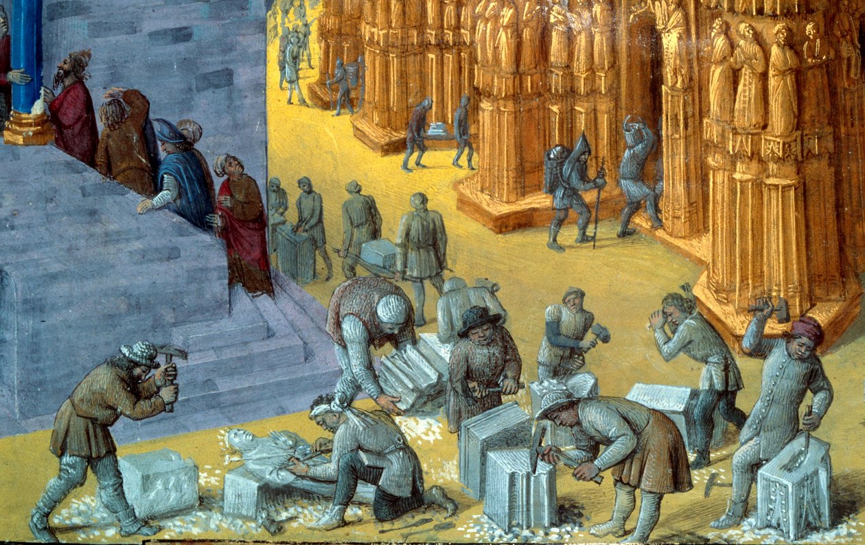 Konstruktionen av templet i Jerusalem av kung Salomo Detalj som representerar stenhuggarna. Miniatyr från manuskriptet "The Judaic Antiquities"" av Josephus Flavius (Giuseppe Flavio, Flavius Josephe) (37-100) illustrerad av Jean Fouquet (1425-1481) av Jean Fouquet