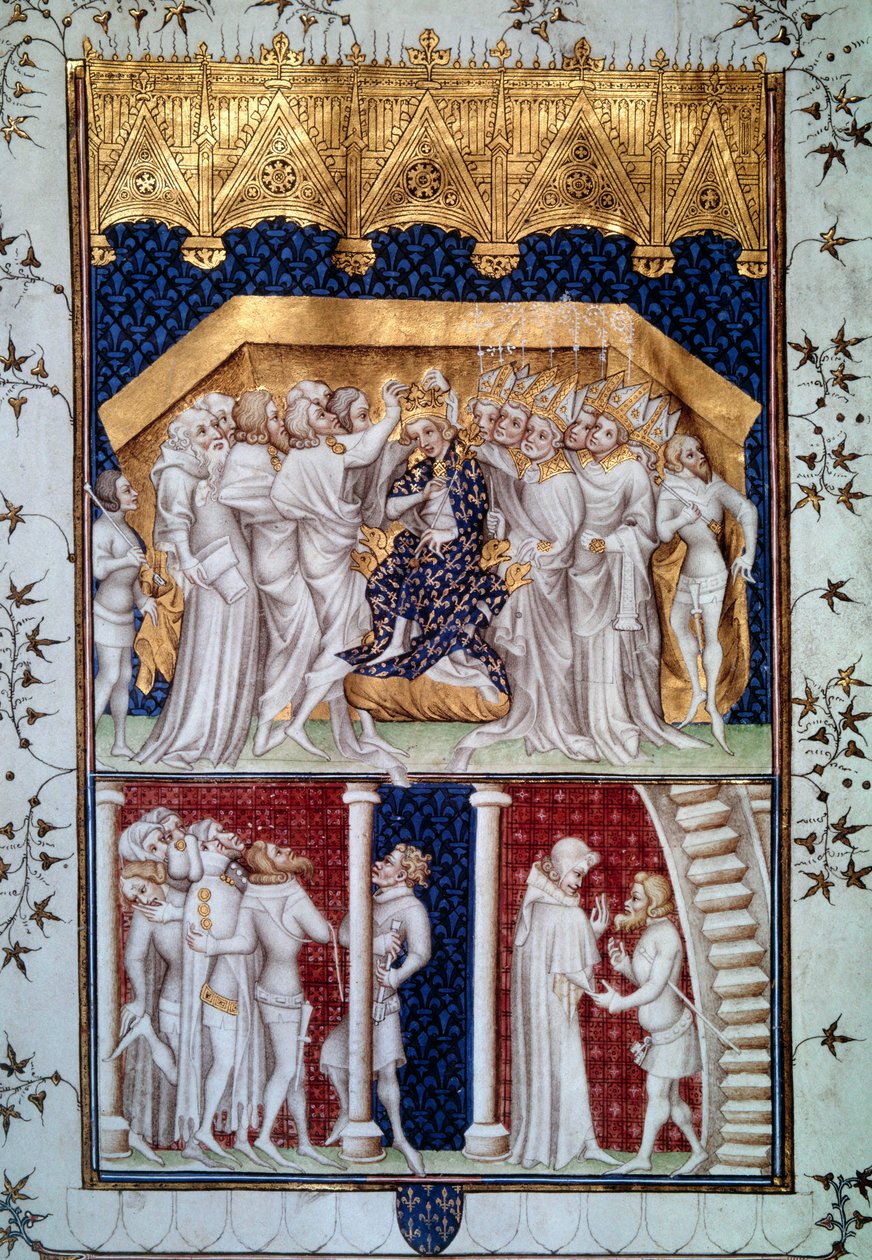 Kröningen av Karl VI (1368-1422) av jämnåriga i Frankrike den 16/09/1380. Miniatyr från Grandes Chronicles de France”” av Jean Fouquet (1420-1481) 1400-talets Paris, B.N. av Jean Fouquet