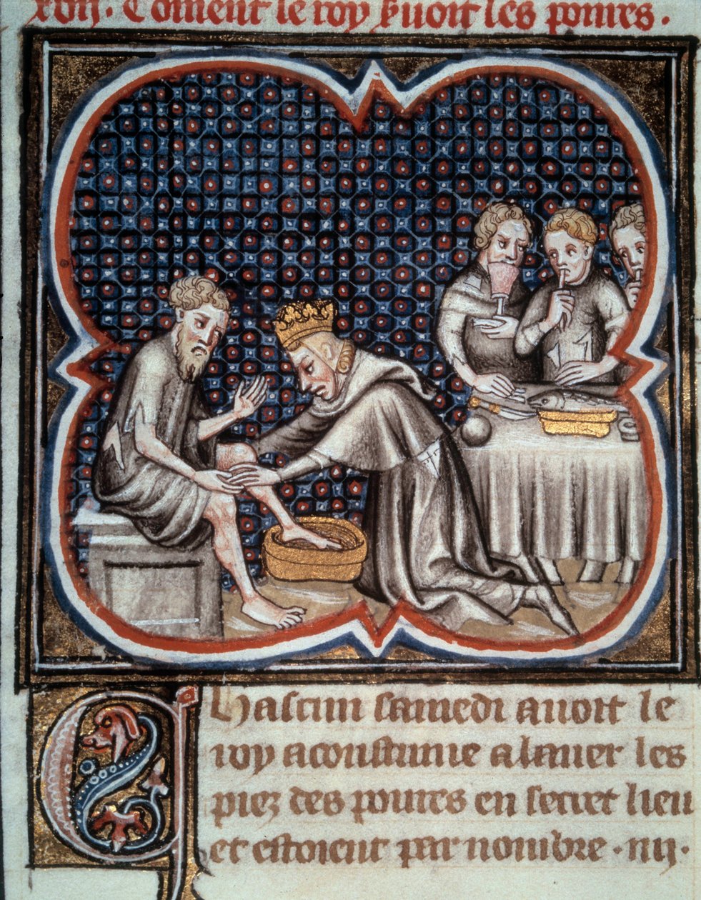 Kung Ludvig IX:s fot (1214-1270) (Saint Louis): han ger mat och tvättar de fattigas fötter. Miniatyr från manuskriptet "Les Grandes Chronicles de France"" av Jean Fouquet (1420-1481) 1400-talet. Paris, B.N. av Jean Fouquet