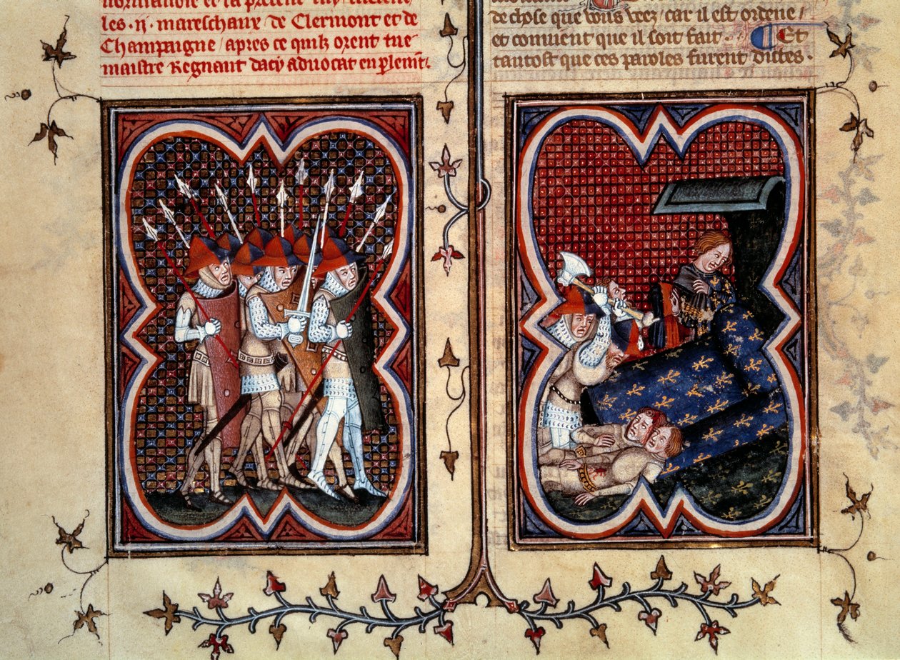 Marechauxen Robert de Clermont och Jean de Conflans mördades av Etienne Marcel (1315-1358) och hans män i delfinen Charles (blivande Karl Vs) rum i Palais de la cite den 22 februari av Jean Fouquet