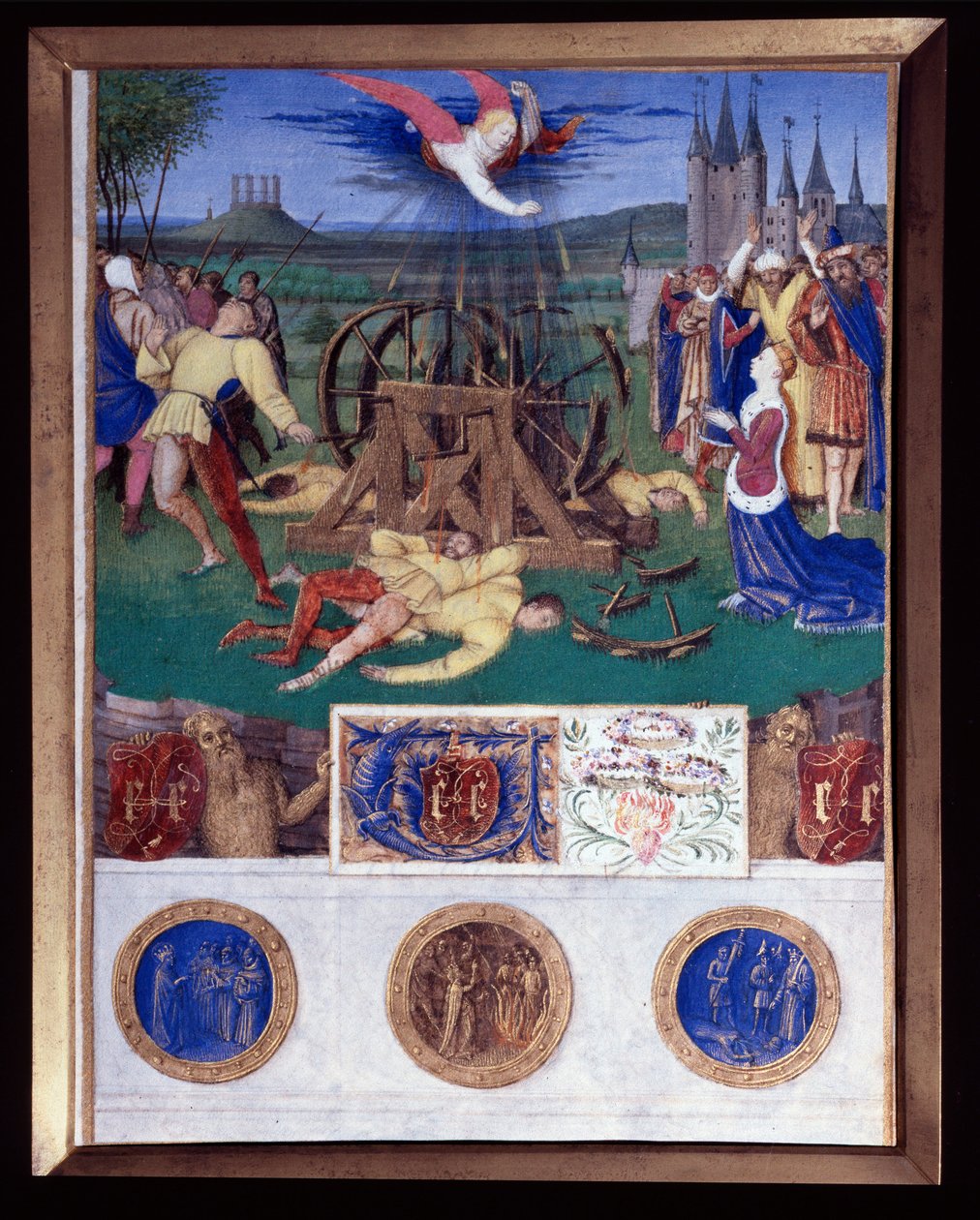 Katarina av Alexandrias martyrskap Miniatyr taget från "The Book of Hours of Etienne Chevalier" av Jean Fouquet (1420-1477/1481) av Jean Fouquet