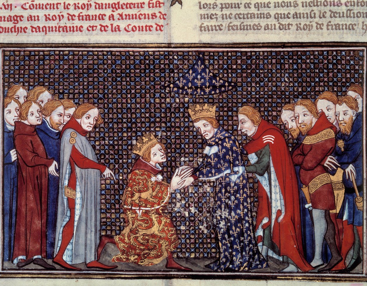Hyllningen av kung Edward III av England (1312-1377) till Filip VI av Valois (1294-1350), kung av Frankrike, 1330. Miniatyr från "Les grandes chronicles de france" av Jean Fouquet (1420-1481) av Jean Fouquet