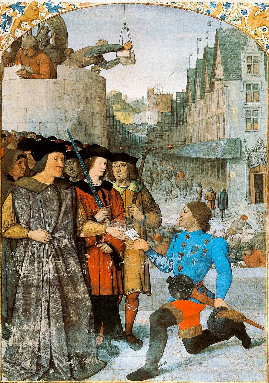 Viscount av Rochechouart tar emot en kunglig budbärare. Miniatyr av Jean Fouquet (1420-1481) från "The Great Chronicles of France". 1455-1460 av Jean Fouquet