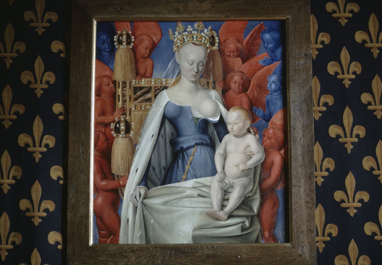 vy över målningen Madonna omgiven av serafer och keruber i slottet i Loches, Frankrike (foto) av Jean Fouquet