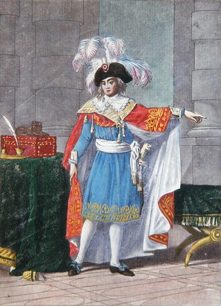 En av de fem medlemmarna i Directoire-periodens verkställande katalog (1795-99) i högtidsdräkt (färgad gravyr) av Jean Francois (after) Garneray