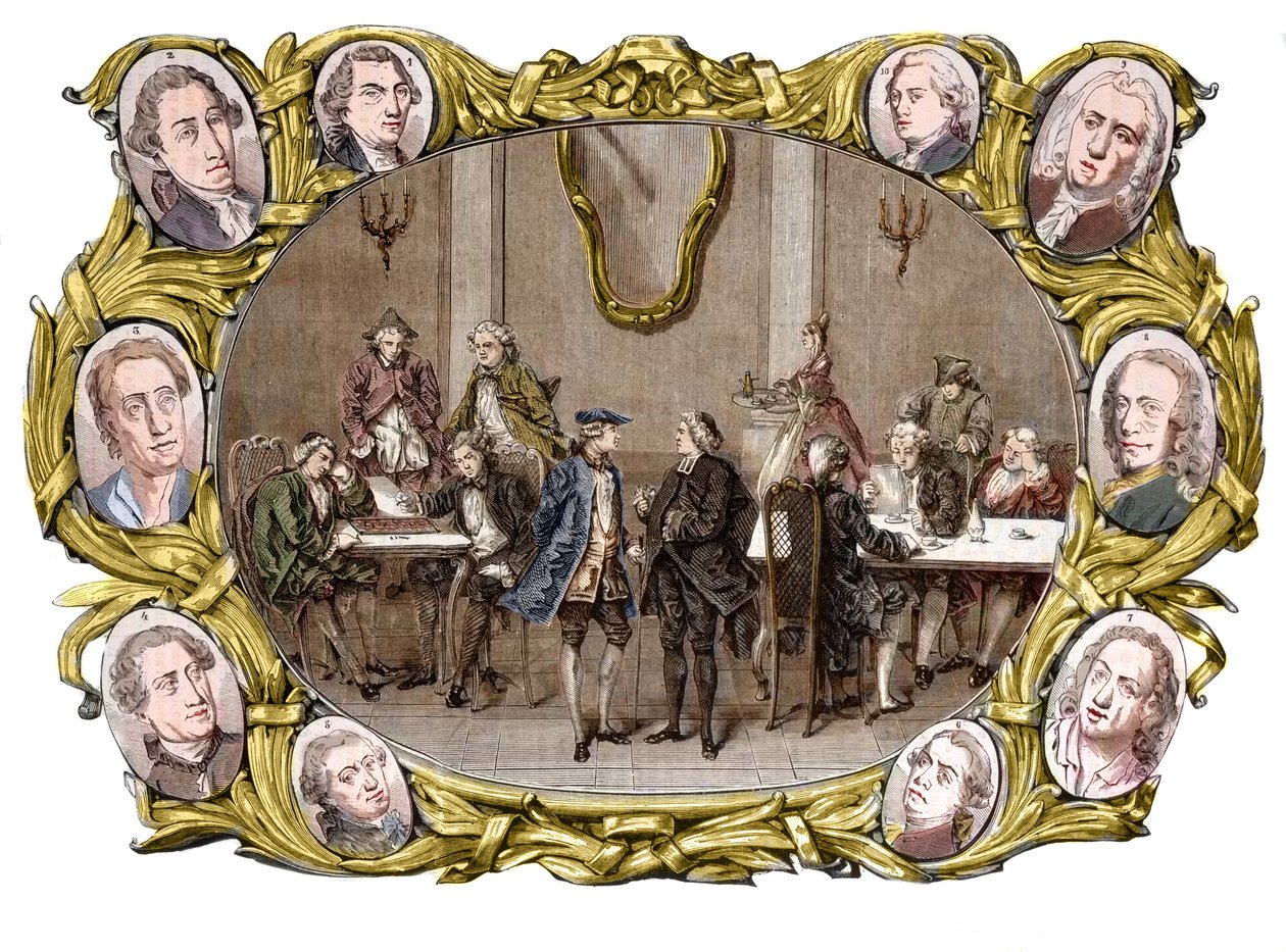 Paris - Caféet "" Procope"" på 1700-talet från höger till vänster, i medaljongerna, Georges Louis Leclerc, Comte de Buffon, Nicolas Joseph Florent Gilbert, Denis Diderot, Jean le Rond d