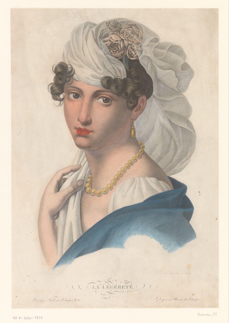 Kvinna med guldörhänge, halsband och vit slöja La Légéreté (titel på objekt) av Jean Francois Badoureau