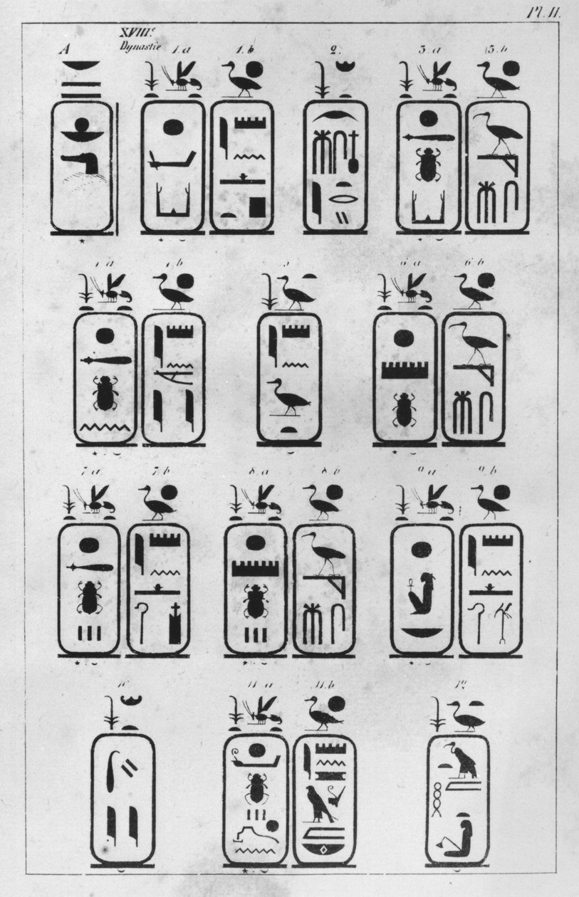 Brev adresserat till den franske ambassadören Pierre de Blacas dAulps om det kungliga museet för egyptisk konst i Turin, Kopia av kungliga kartuscher från den XVIII:e dynastin (brev 1, 1) 1824 (penna och bläck på sid. av Jean Francois Champollion