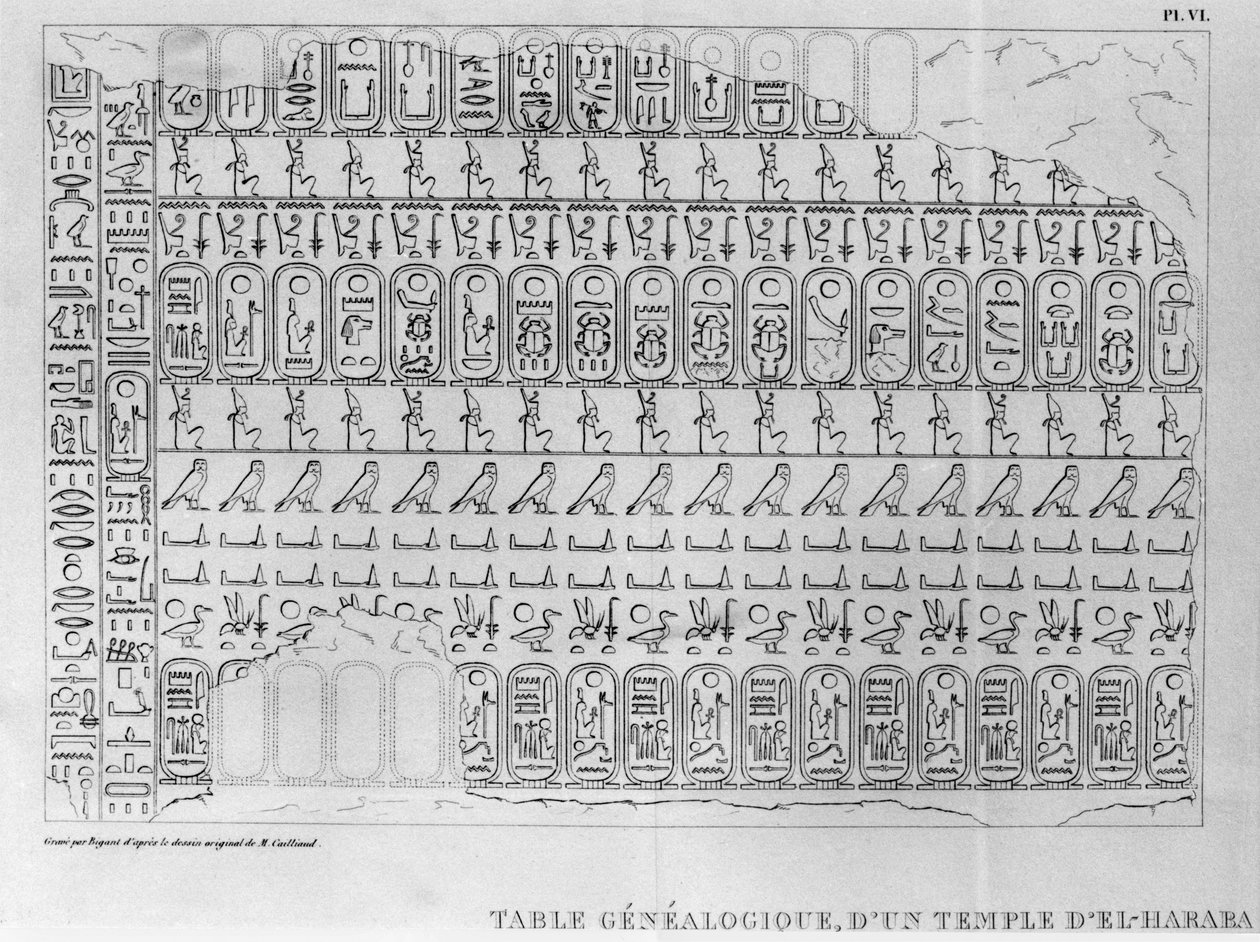 Brev adresserat till den franske ambassadören Pierre de Blacas dAulps angående Kungliga museet för egyptisk konst i Turin, genealogisk tabell från ett tempel i El-Haraba (brev 1, plåt VI) 1824 (gravyr av Jean Francois Champollion