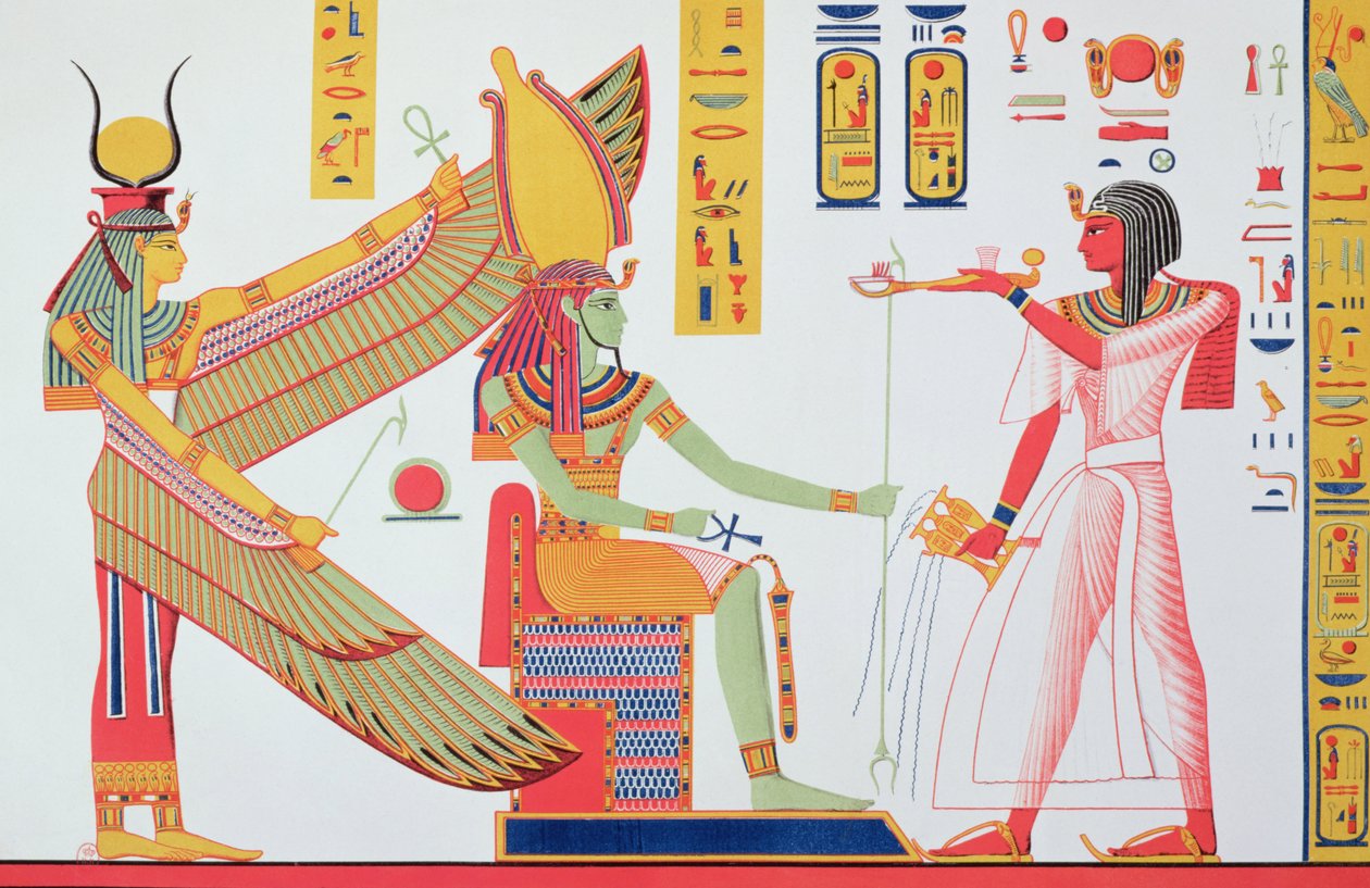Ramses IV (1153-1147 f.Kr.) som erbjuder rökelse till Isis och Amon-Re, sittande på en tron, kopia av en väggmålning från hans grav i Konungarnas dal, skylt 260 från Monuments dEgypte av Jean-Francois av Jean Francois Champollion