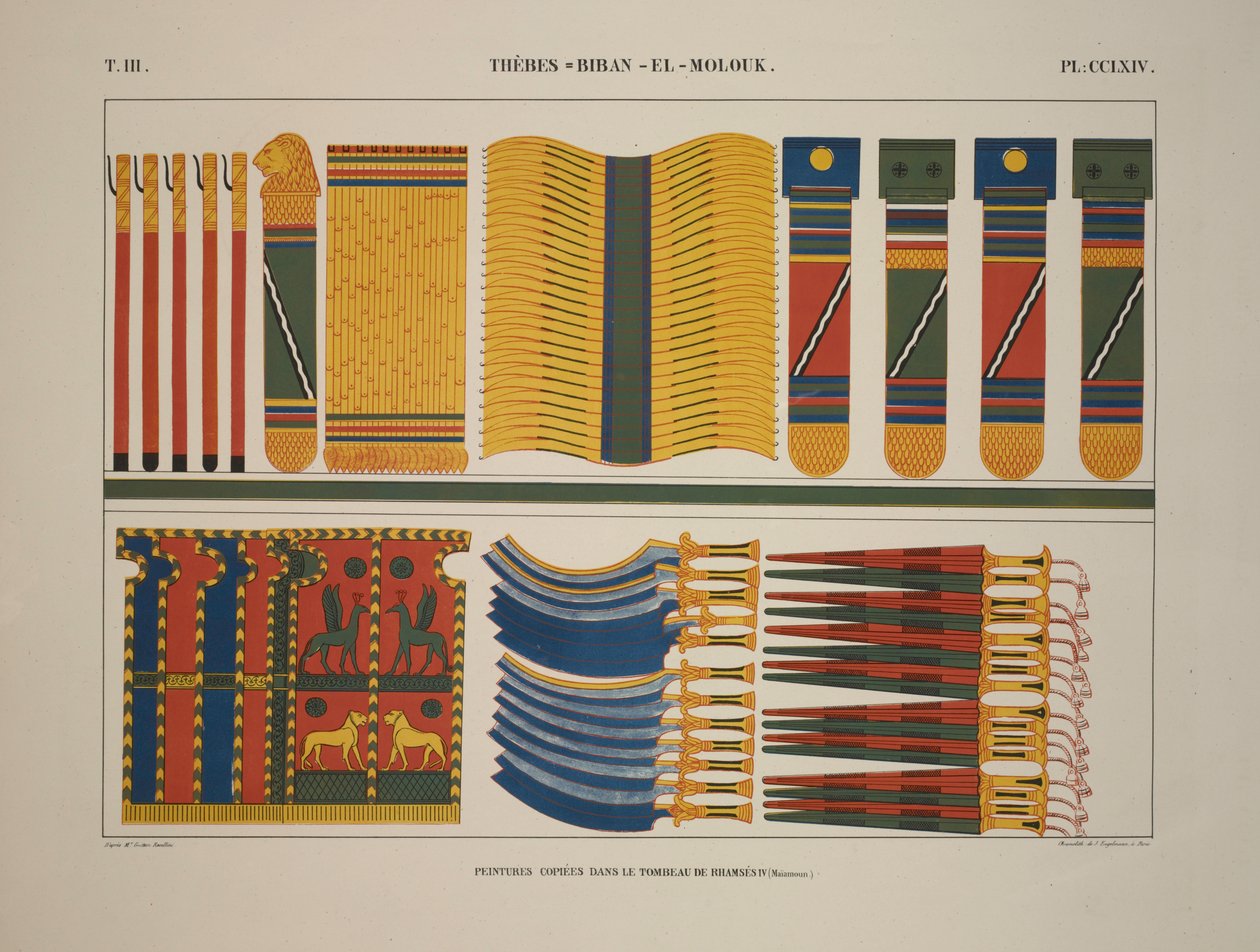 Olika egyptiska vapen och vapen, Thebe, Biban-el-Molouk, illustration från "Monument of Egypt and Nubia, 1845 av Jean Francois Champollion