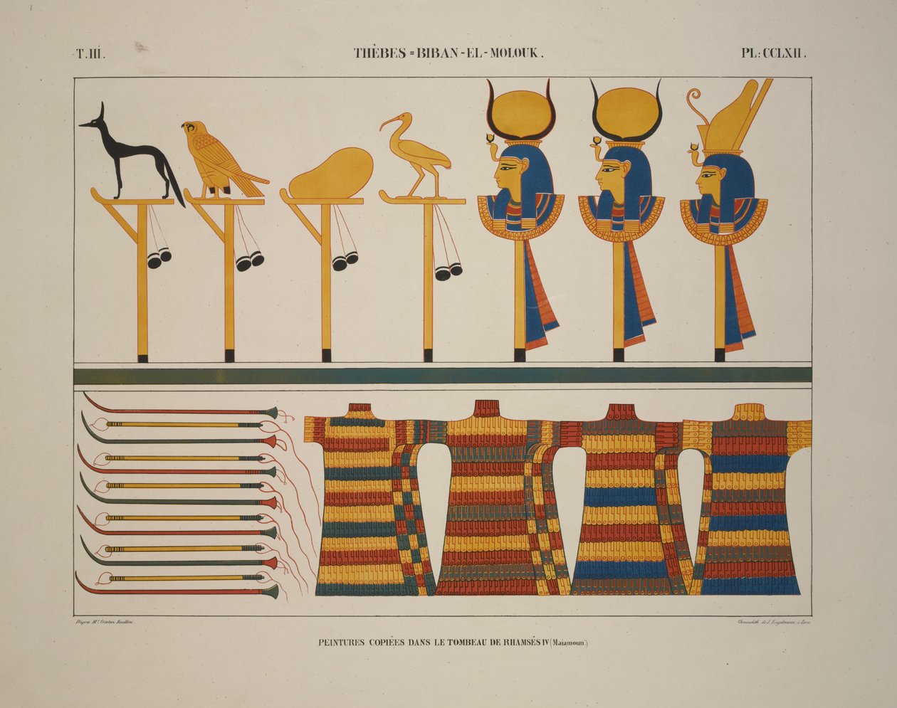Vapen och tecken, Thebe, Biban-el-Molouk, illustration från "Monument of Egypt and Nubia, 1845 av Jean Francois Champollion