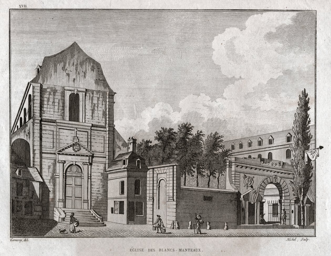Church of Blancs Coats, Paris. (gravyr, cirka 1780) av Jean Francois Garneray