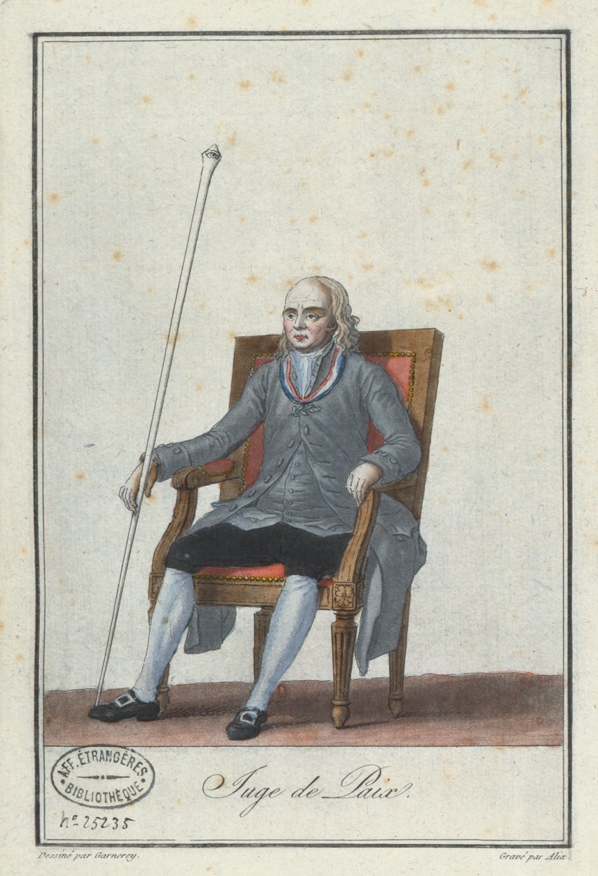 Fredens rättvisa, graverad av Alix, från en bok om franska Directoire-kostymer (färgstick) av Jean Francois Garneray