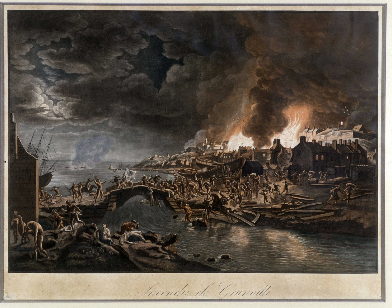 Granville i lågor belägrad av vendéanerna, baserad på målning av J. François Hue, ca. 1800. av Jean Francois Hue