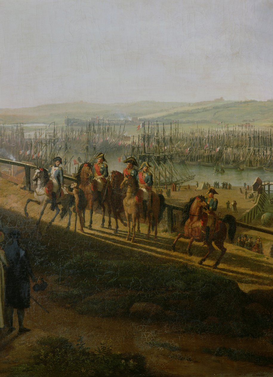 Napoleon Bonaparte (1769-1821) Besöker lägret i Boulogne i juli 1804, detalj av Napoleon och flottiljen, 1806 av Jean Francois Hue