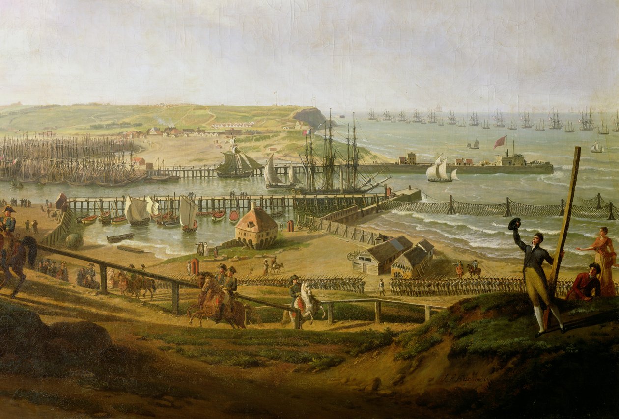 Napoleon besöker lägret i Boulogne i juli 1804, detalj av hamnen, 1806 av Jean Francois Hue