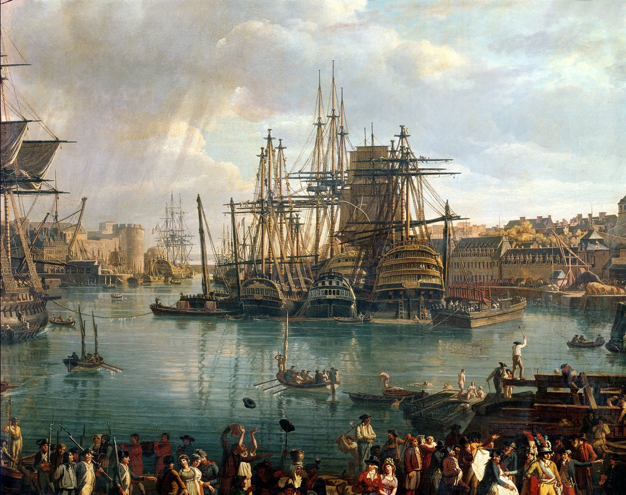Hamnen i Brest med utsikt över sjöfarten, 1794 detalj av 95402 olja på duk av Jean Francois Hue