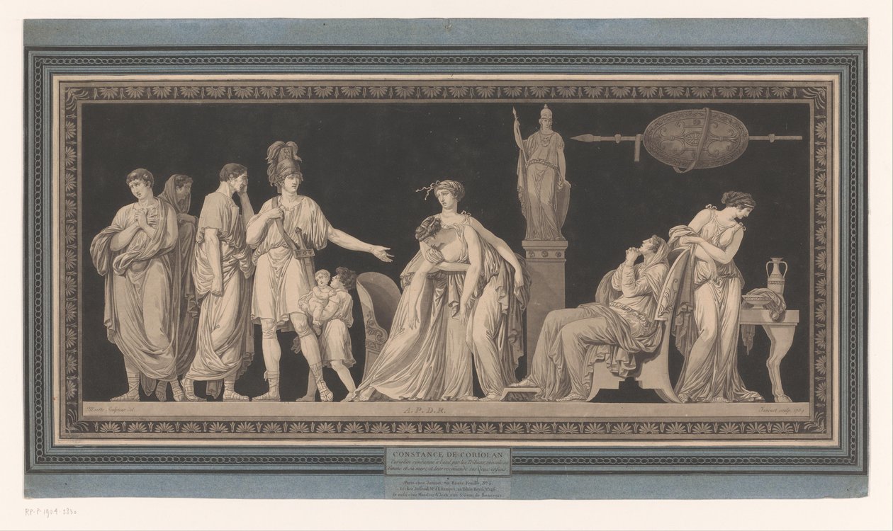Coriolanus tröstar sin fru och mor Constance de Coriolan (titel på objekt) av Jean Francois Janinet