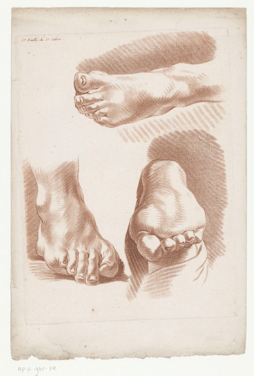 Tre fot i olika positioner 5.e Feuille du 5.e Cahier. (titel på objekt) Kompositioner med delar av människokroppen (serietitel) Cinquième Cahier de Principes de Dissein (serietitel) av Jean Francois Janinet